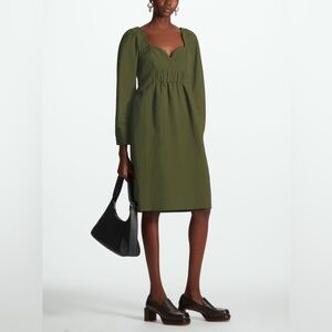 COS Sweetheart Neckline Long Sleeve Midi Recycled Nylon Dress Olive Green Modern
